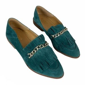 Franco Sarto Teal Blue Emerald Green Suede Fringe Chain Loafers